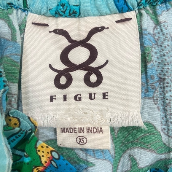 Figue Gianna drawstring ruffle top blouse self tie tassel floral turquoise sz xs - Picture 13 of 14